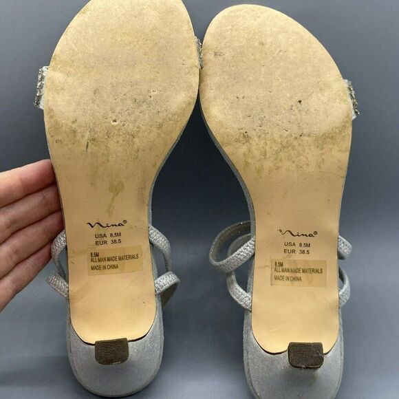 Nina 8.5M Strappy Silver Open Toe‎ Heels Sandals Rhinestones Special Occasion - Picture 6 of 7